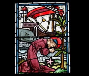Stained Glass Window depicting Jonah 2 10 Jonah cast onto dry land Earls Barton Church Northamptonshire